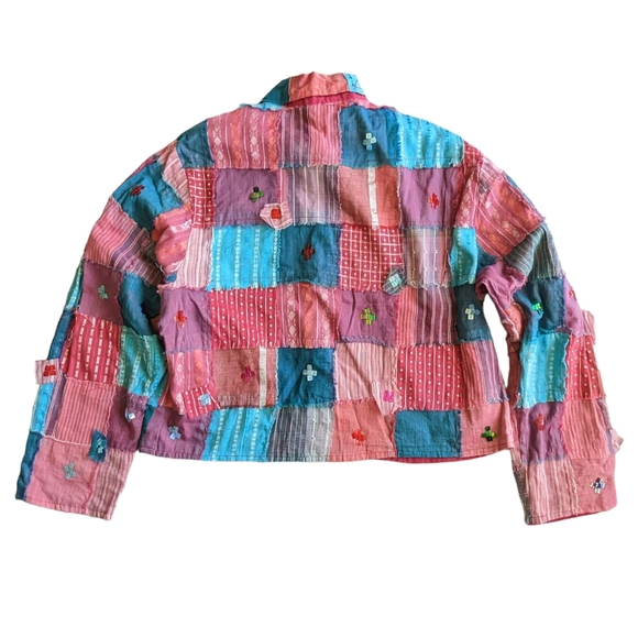 Carrie Allen Shirt Jacket Sz M Cropped Multi Color Patch Work Long Sleeve Lined - Picture 12 of 13